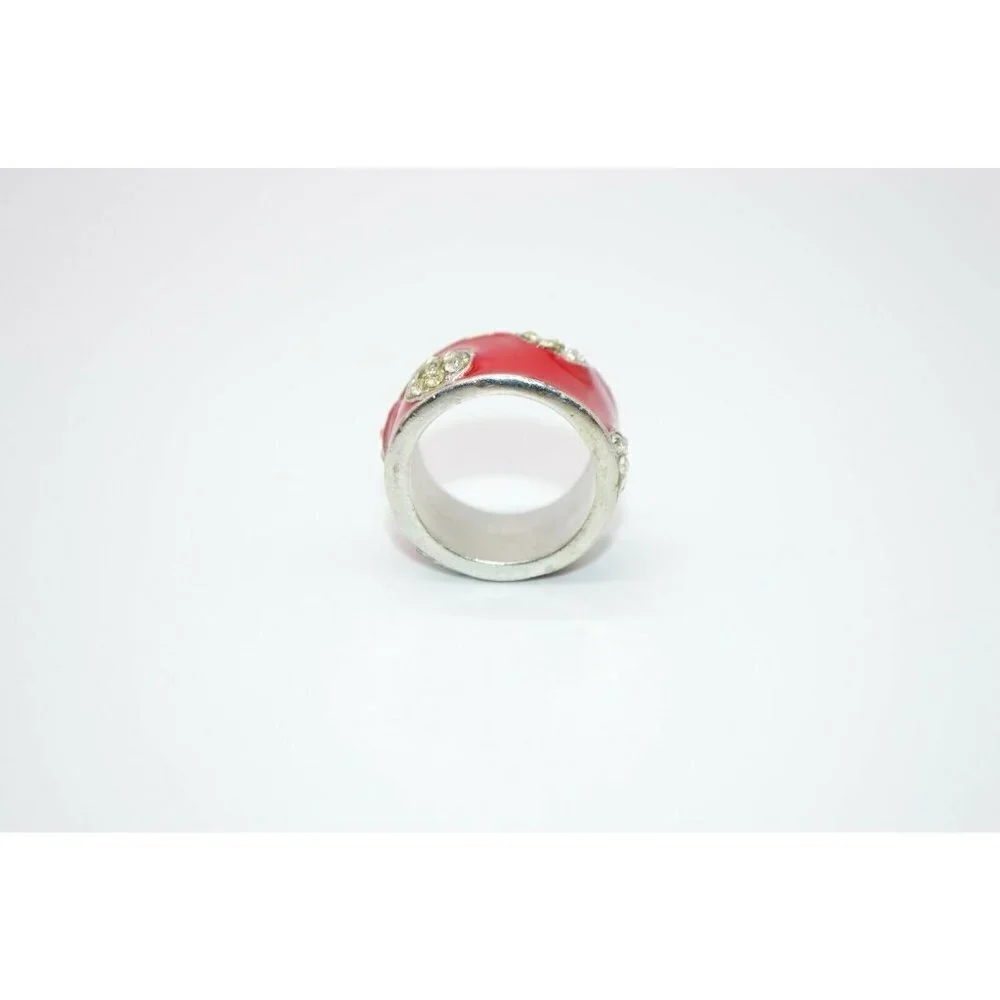Red Enamel Clear Rhinestone Dot Abstract Silver